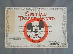 Vintage Original Walt Disney Mickey Mouse Club Special Talent Award Certificate