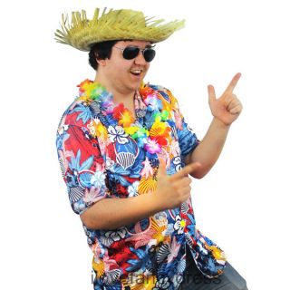 Mens Hawaiian Fancy Dress Costume Blue Shirt Straw Beachcomber Hat Flower Lei