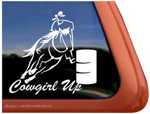 Cowgirl Up Barrel Racing Horse Trailer Window Decal Sticker