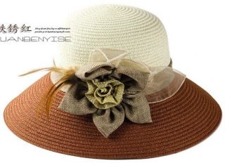 Fashion Womens Flower Wide Brim Bucket Hat Straw Derby Cap Summer Beach Sun Hat