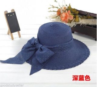 Fashion Women Girl Straw Derby Cap Ribbon Bow Wide Brim Summer Beach Sun Hat