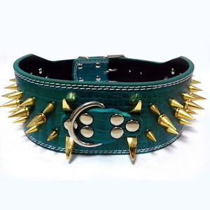 Gold Green 3" Spiked Studded PU Leather Dog Collars for Stronger Pitbull Mastiff
