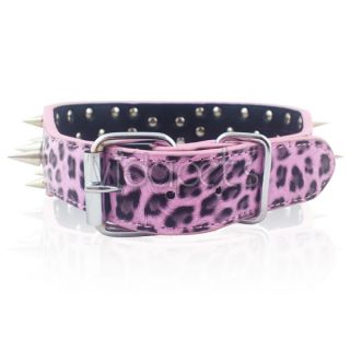Red Pink Leopard Leather Spiked Dog Collar Pitbull Bully Spikes Extra Large XL