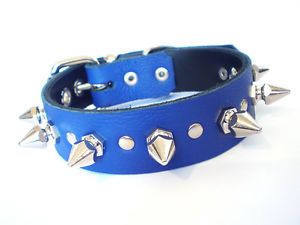 Royal Blue Fire Red Baby Pink Leather Dog Collar w Spikes Spiked Solid D Ring