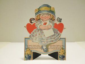 Vintage Valentine Card 1920s Girl with Cat and Dog Mechanical