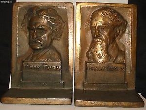 Very Nice Mark Twain Charles Dickens Bookends Cast Metal Antique Book End