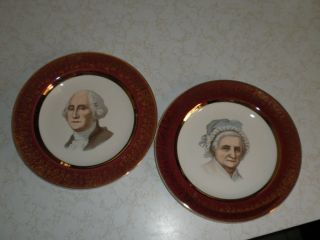 George and Martha Washington Plates Red Border with 22 Karat Gold Trim