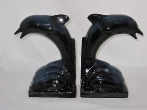 Blue Mountain Pottery Pair Dolphin Bookends Cobalt Blue
