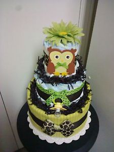 Green Brown Owl 3 Tier Diaper Cake Baby Shower Decoration Centerpiece