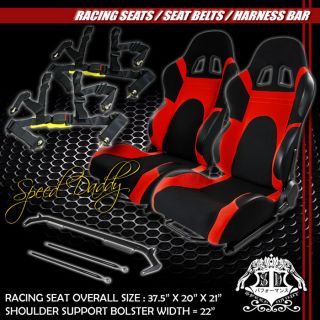 2 Black Red Racing Seat Slider Harness Bar 4PT Belts Del Sol Integra Prelude MR2