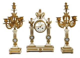 Antique Louis XVI Style Marble Bronze Clock Garniture