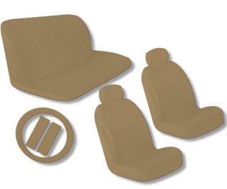 Comfort Cloth Solid Tan Beige Interior Set Car Seat Covers Steering Wheel CS3