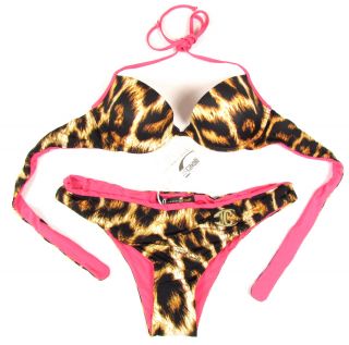 Just Cavalli "Big Leo" Push Up Bikini Set Leopard Animal Print Brown Pink