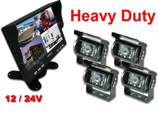 4CH Quad Split 7" Monitor TFT LCD Heavy Duty CCD Rear View Camera x4 12 24V