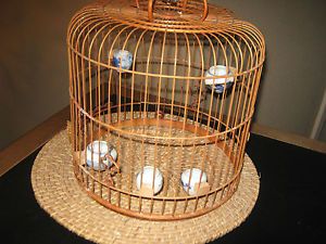 Vintage "Oriental Bamboo Decorative Bird Cage" with China Feeder Bowl'S