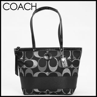 Coach 20429 Signature Stripe 3 Color Metallic Tote Bag Black Silver Multi