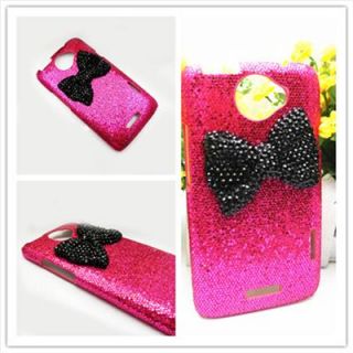 FL Shiny Glitter Rose Red Back Case Cute Black Crystal Bow Cover for HTC One X