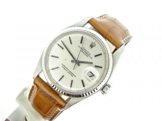 Mens Rolex Stainless Steel Datejust Date Watch Brown Leather Band Silver Dial