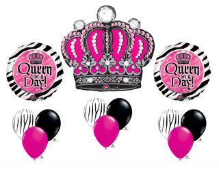 Queen for A Day Happy Birthday Zebra Hot Pink Stripe Crown Party Mylar Latex Set