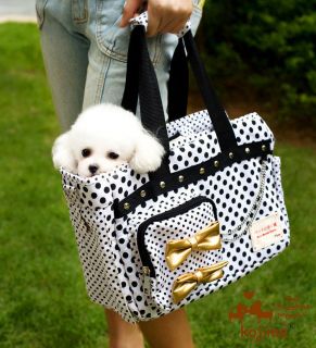 Cute Polka Dot Canvas Small Dog Cat Pet Purse Carrier Tote Travel Bag White