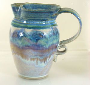 Art Pottery Pitcher Ewer Vase Blue Green Drip Studio Signed Glazed Clay Decor