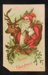 1900s Christmas Greetings Santa Claus with Reindeer Sack of Toys Postcard
