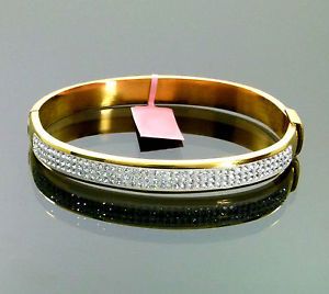 Authentic Austrian Crystal 14k Yellow Gold IP Stainless Steel Bangle Bracelet