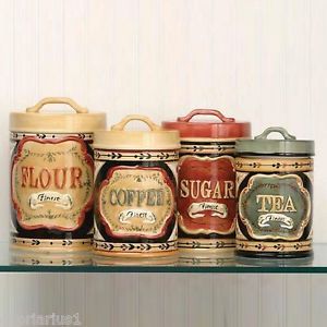 Elegant Country Store Kitchen Canister Set Flour Sugar Coffee Tea Ceramic New