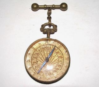 Antique Pocket Sundial Compass Gilt Brass Watch Fob Chain Nautical Maritime 1890