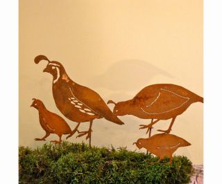 Rusty Metal Quail Family Bird Silhouettes Staked for Garden Use Set of 4 Pcs