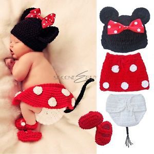 4pc Crochet Baby Costume Infant Knit Cute Minnie Mouse Outfits Photo Props 0 12M