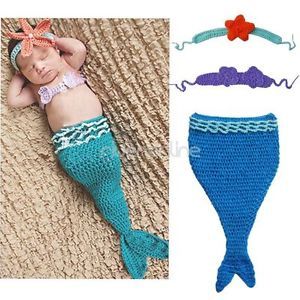 3pcs Newborn 12M Baby Cute Mermaid Outfit Crochet Knit Tail Costume Photo Props