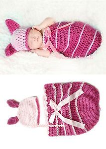 Newborn Baby Photo Prop Costume Light Hot Pink Piglet Crochet Bow Hat Set NB 6M