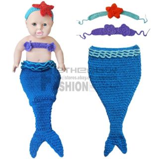 3pcs Kid Girl Baby Knit Crochet Mermaid Costume Photoprop Outfit Clothes Sweater