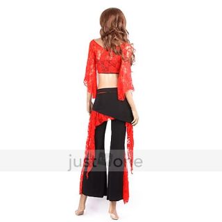 Sexy Belly Dance Charm Dancewear Long Sleeve Lace Tops Pants Skirt Costume Set