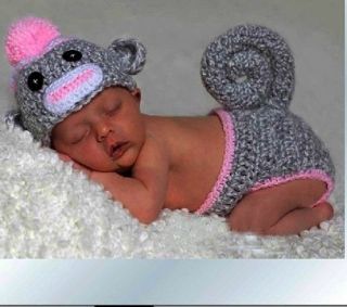 New Newborn Baby Gray Monkey Hat Diaper Crochet Costume Photo Photography Prop