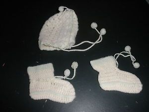Antique White Green Trim Hat Booties Baby Doll Bear Clothes