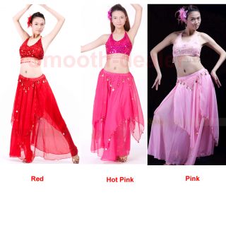 Sexy Belly Dance Costume Sequin Bra Top and Tribal Coin Skirt Chiffon Dress Set