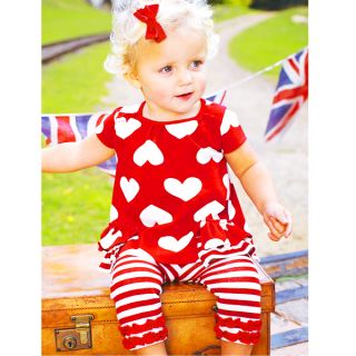 Kids Baby Girls Red Hearts Striped 2 Pcs Top Pants Outfits Costume Clothes 0 3Y