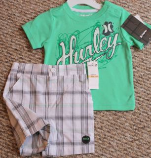 New Baby Boys Hurley Outfit Green Shirt Plaid Shorts Sizes 12 18 24 MO