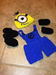 Crochet Minion Photo Prop Set Costume Halloween Hat Overalls Boots Mittens