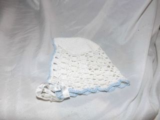 Vintage Blue White Crochet Handmade Baby or Doll Bonnet Hat