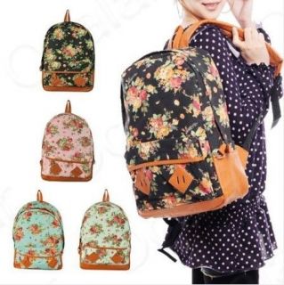 Women Girls Floral Canvas School Book Satchel Travelling Backpacks Rucksack