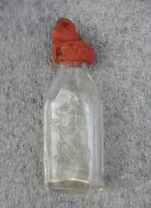 Doll Baby Bottle Vintage Toy Clear Glass Embossed Dog Red Rubber Nipple Marked B