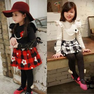 Girls Kids Pearls Flowers Tutu Plaids Skirt Dress Party Costume Outfit Sz 3T 7