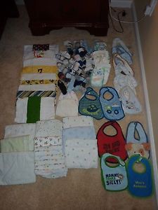 88 Item Baby Boy Lot Receiving Blankets Bibs Hats Socks Diapers Burp Rags Cloths