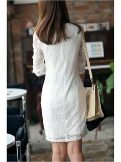 Fashion Sweet Retro Ladies Woman's Slim Fit Lace Long Sleeves Dress M White