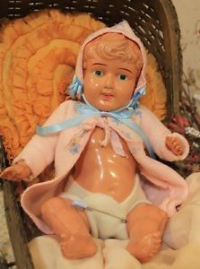 Sweet Jointed 12"Celluloid Old Antique Baby Doll in Vintage Clothing