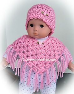 Doll Clothes Fit Bitty Baby Sweet Pink Poncho Hat Set Handmade Crochet 15"