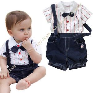 2pcs Baby Boy Top T Shirt Overalls Pants Shorts Set Outfit Clothes Bow Tie TYA3